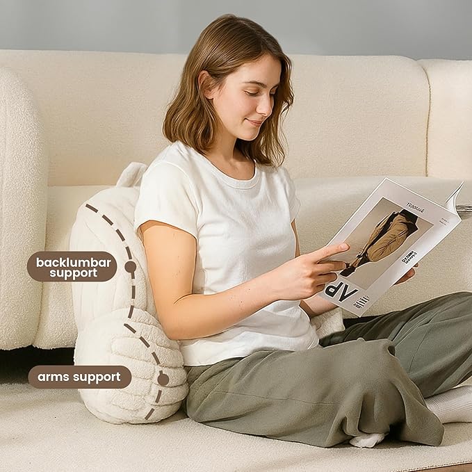 Amélie Home Faux Fur Reading Pillow with Pocket for Sitting in Bed, Kids Backrest Bed Pillow with Washable Cover for Lounging, Study & Relaxing, Ivory 17 inches