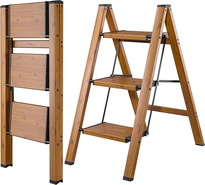 Step Ladders Folding 3 Step Stool Woodgrain Finish Aluminum,Tripod Anti-Slip Portable Sturdy for Home & Kitchen Office 330 lbs