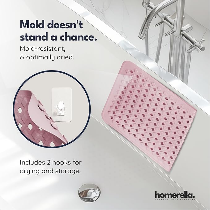 Bathtub Mat Non Slip 28x16 - homerella® Bath Mat Incl. Hooks for Drying, 100% BPA Free, Shower Mat Non Slip Anti Mold, Machine Washable, Shower Mats for Inside Shower Mildew Resistant (Rose)
