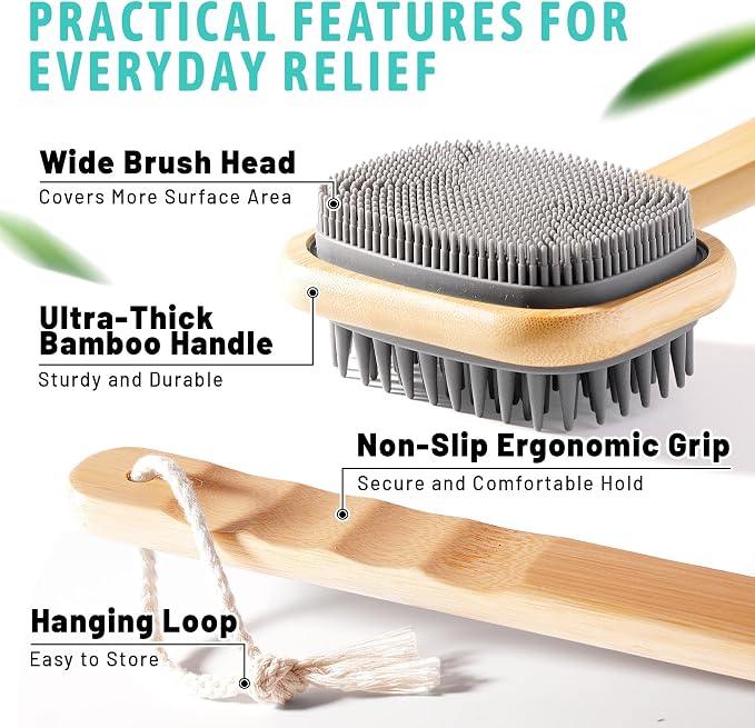NURENDER Extra Long Bamboo Back Scratcher 22'', Soft Body Brush | Long Handle Dual Sided Silicone Bristles Backscratchers, Bamboo Wood Body Brush for Dry & Wet Use