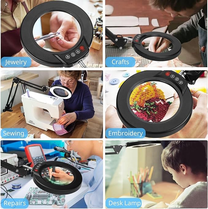 10X Magnifying Glass with Light and Clamp, Real Glass Stand Lighted Magnifier, 5 Color Modes Stepless Dimmable LED Desk Lamp Hands Free for Crafts Hobby Reading Painting Sewing Close Work