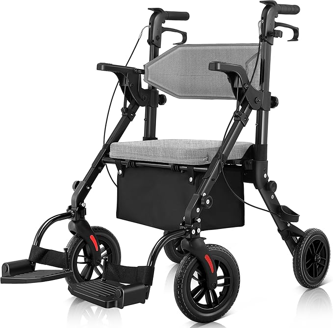 Rollator Walkers for Seniors with Seat, Walker Wheelchair Combo, 2 in 1 Rolling Walker Transport Wheelchair Lightweight Foldable, 10" Big Wheels Transport Chair with Brakes,Grey