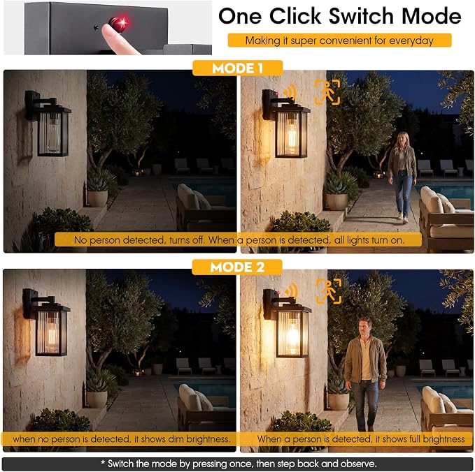 Motion Sensor Porch Light, Dusk to Dawn Outdoor Wall Light, Black | 2 Modes, 220° Motion Detection, Auto On and Off, Anti-Rust Metal Frame, Pre-Assembled DIY Install on Porch, Garage