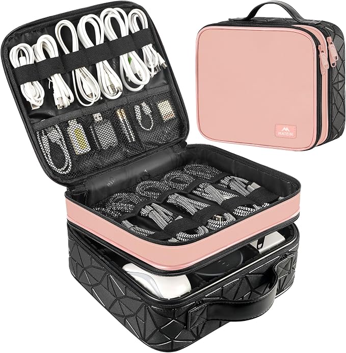 MATEIN Cord Organizer Box with Adjustable Divider, DJ Gear Bag | DJ Cable File Bag, Cord Bags, Music Equipment Accessories, Sound Instrument Storage, Double Layer, Shockproof, Portable, Pink