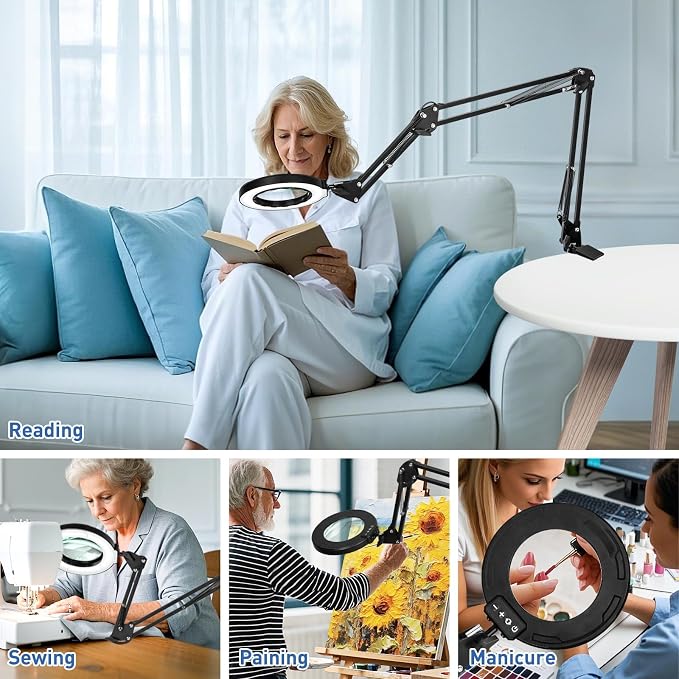 HITTI 12X Ultra Long Magnifying Glass with Light and Clamp, Swivel Arm | 5 Color Modes Steepless Dimming LED Desk Lamp, Hands Free Lighted Magnifier Stand for Workbench, Cross Stitch, Hobby