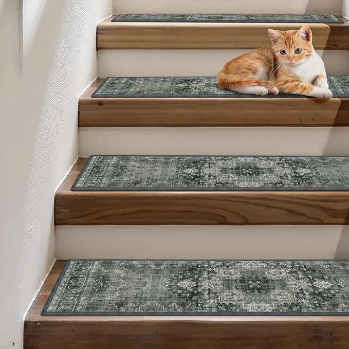 sarben 8"x30" Non Slip Stair Treads for Wooden Steps 15 Pack, Black Gray | Peel and Stick Carpet Stair Runner with TPE Adhesive Backing, Carpet for Added Safety, Pet and Senior Friendly