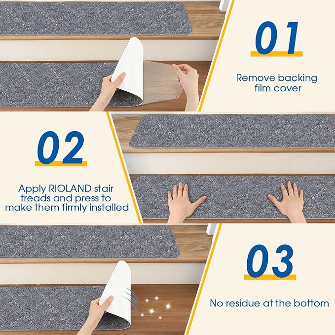 RIOLAND Stair Treads Carpet Non-Slip Indoor 15 PCS Wood Stair Treads Rugs Anti Moving Modern Stair Runners Safety for Kids Dogs, 8" X 30", Diamond Light Gray