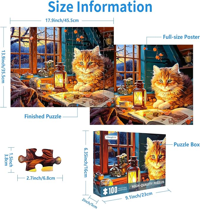 100 Piece Puzzles for Kids Reading Cat 100 Piece Puzzles for Adults, Cute Kitten 100 Pieces Puzzle for Kids Ages 4-8, Cozy Retreat Puzzle for Seniors Teens Brain Teaser