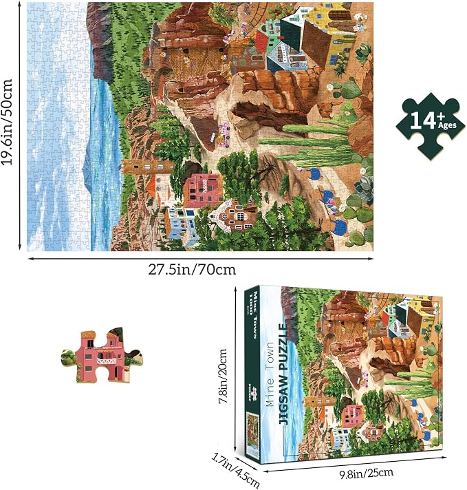 1000 Piece Jigsaw Puzzles for Adults, Mining Town Cliff Puzzle with 1:1 HD Poster, Precise Interlocking, Letter Markings on Back, Dust-Free, Stress Relief & Ideal Family Game Gift
