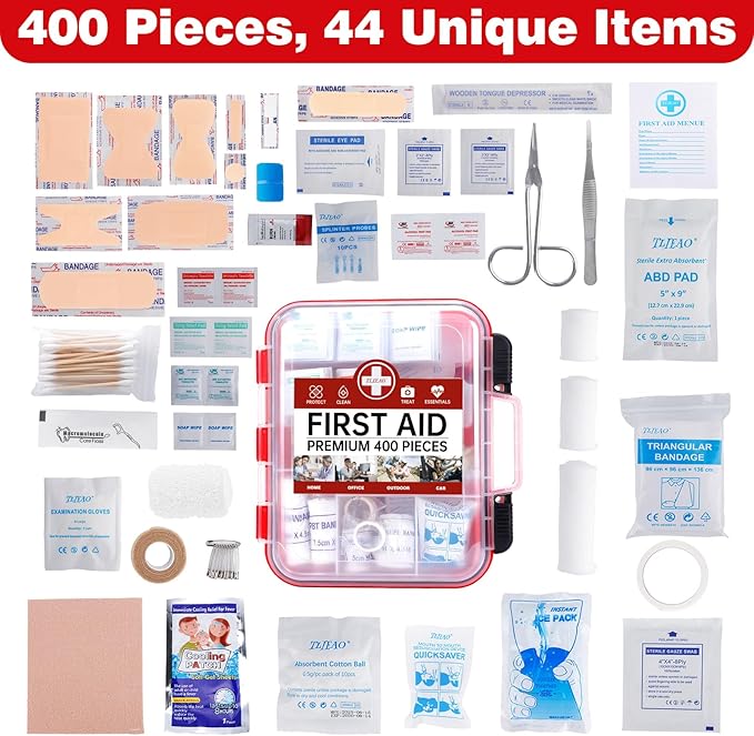 TLIEAO 400 Pieces All-Purpose First Aid Kit - Organized Dual-Layer Wall - Professional Medical Kit for Home, Car, Camping, Travel, Office, Outdoor, Business & Sports