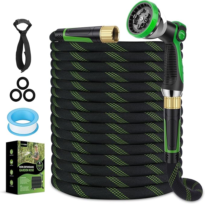 Non-Expanding Garden Hose 100 ft, Lightweight Hose & Flexible Water Hose With 10-Pattern Spray Nozzle, Kink-Free Design, Durable Leakproof Yard Outdoor Hose, Portable Storage Strap, 100 Feet