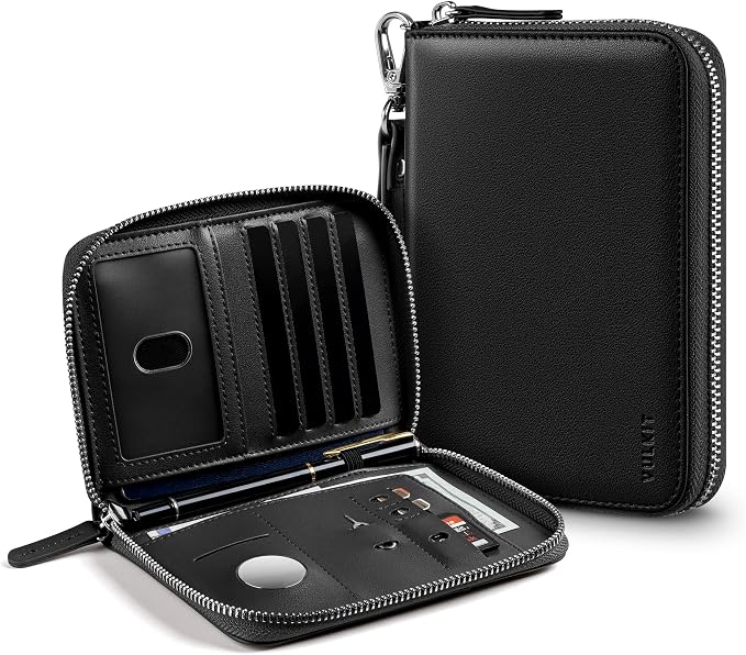VULKIT Passport Holder for Travel with Airtag Slot, Premium Nappa Leather, RFID Blocking, Zipper Closure with Wrist Strap, Travel Document Organizer