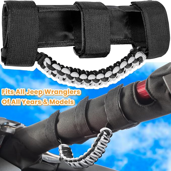 E-cowlboy Roll Bar Grab Handles Grip Handle for Jeep Wrangler JK JKU JL JLU TJ YJ Sports Sahara Freedom Rubicon Unlimited Gladiator JT 1955-2023 UTV ATV Accessories Premium 550 Paracord (Gray 2 Pack)