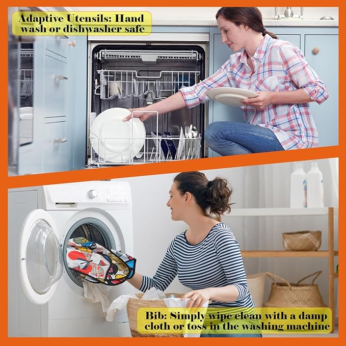 Adaptive Utensils with Adult Bibs - 4pcs Weighted Utensils Set (2.5oz Each) for Hand Tremors, Elderly, Parkinson's, Arthritis - Non-Slip Easy Grip Handles for Independent Eating