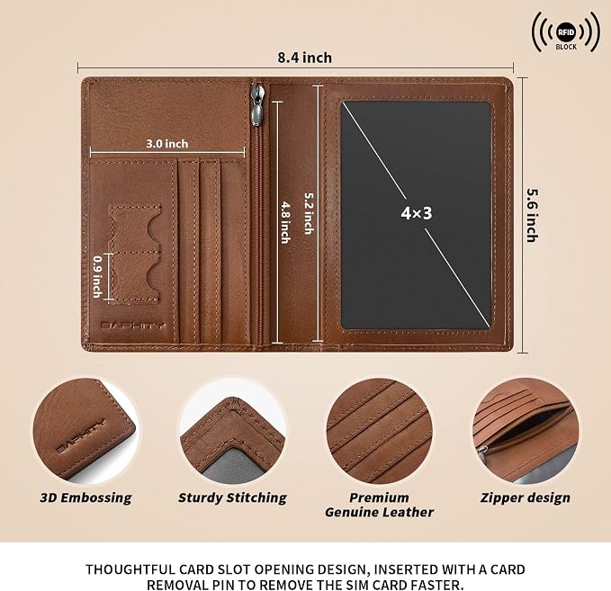 BAPHITY Unisex Leather RFID Blocking Vacation Passport Organizer, Red Brown | Top-Grain Leather, RFID Blocking, Multi Slots (3+2 SD), Slim, Unisex Multi-Function Holder, Travel Sleeve