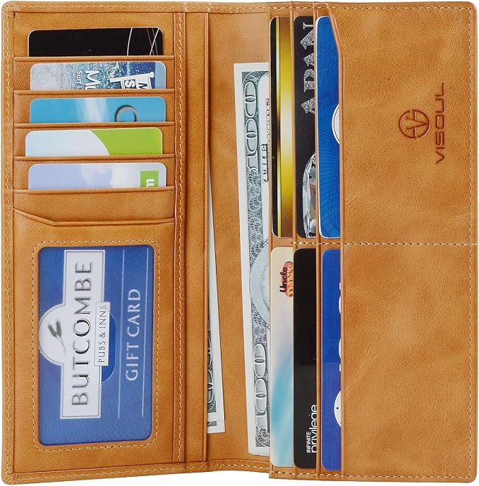 VISOUL Leather Checkbook Cover Wallet for Men with RFID Blocking, Mens Long Bifold Cash Tall Wallet with 11 Credit Card Slots 1 ID Window (Tan)