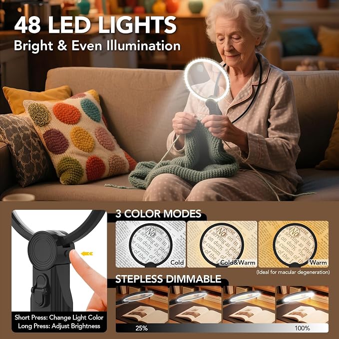 2500mAh Magnifying Glass with Light, 5X Hands Free Magnifier for Reading | Neck Magnifying Glass for Sewing, Knitting, Cross Stitch & Crafts, Rechargeable Lighted Magnifier for Seniors