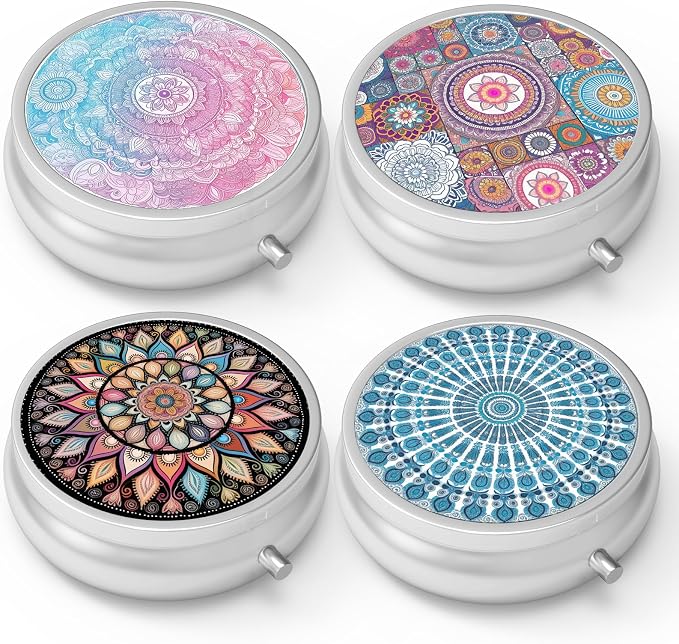 Pill Box 3 Compartment Medicine Pill Case,Portable Pill Box for Pocket or Purse Pill Box Decorative Metal Medicine Vitamin Organizer Unique Gift(4PCS)