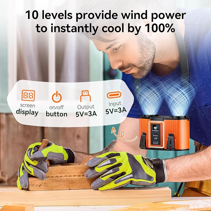 Doublepow 12000mAh Portable Waist Fan, Personal Waist Fan, Dual Air Ducts Motors, USB Rechargeable Clip On Belt for Working, 10 Speeds & 23H Wearable Neck Cooling, for Outdoor, Work, Travel (Orange)