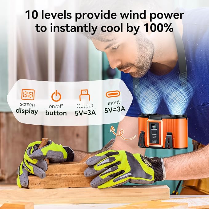 Doublepow 24000mAh Portable Waist Fan, Personal Fan, Dual Air Ducts Motors, Rechargeable Clip On Belt for Working, 10 Speeds 45H Wearable Neck Cooling, for Outdoor Work Travel, Power Outage (Orange)