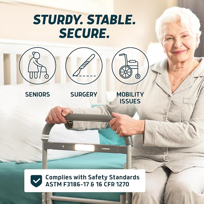 Lunderg Large Bed Assist Rail for Seniors with Motion Light & Non-Slip Bar | Easy to Install Bed Rails for Elderly Adults Safety & Post-Surgery - Helps Reduce Falls & Support Independence