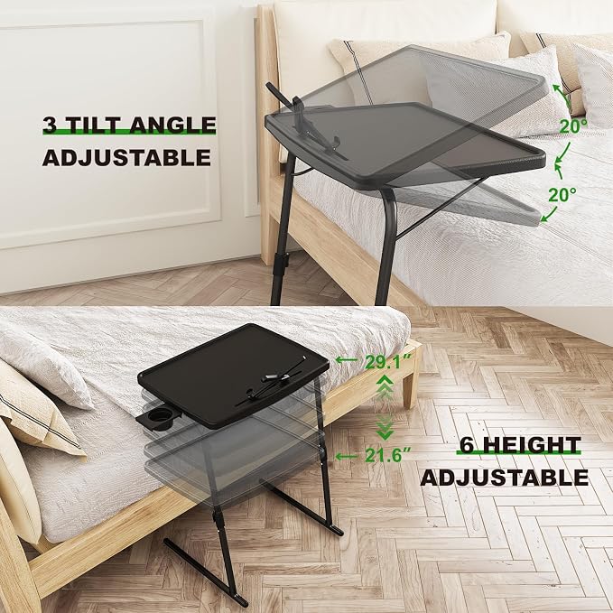TV Tray Table with Cup Holder, Max Folding TV Dinner Tray w/6 Height & 3 Tilt Angle, Adjustable TV Trays for Eating on Couch, Large Foldable Laptop Table, Black, 16.9 x 22 x 29.1inch, 110lbs