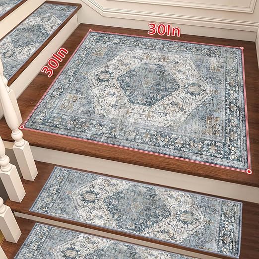 8”x 30” Carpet Stair, Anti-Slip Carpet Treads for Wooden Steps, Self-Adhesive Decorative Stair Runners, Slip-Resistant Treads for Indoor Wooden Staircases (1, Blue, 30X30 inch)
