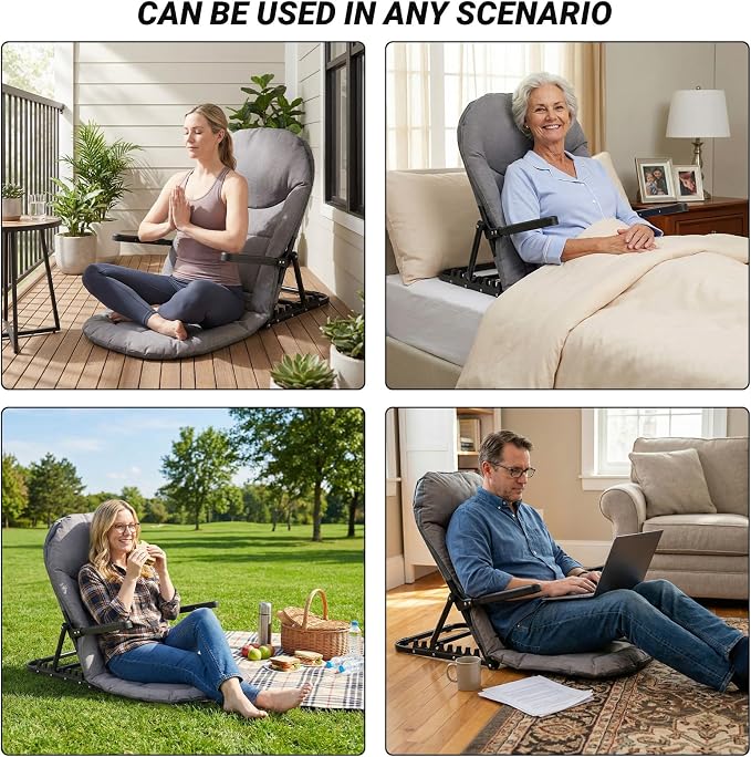 Adjustable Lifting Bed Backrest with Armrests, 7-Level Folding Sit Up Support, Portable Multifunctional Bed Chair with Pillow for Neck Head & Lumbar Support for Elderly Patients Reading Resting