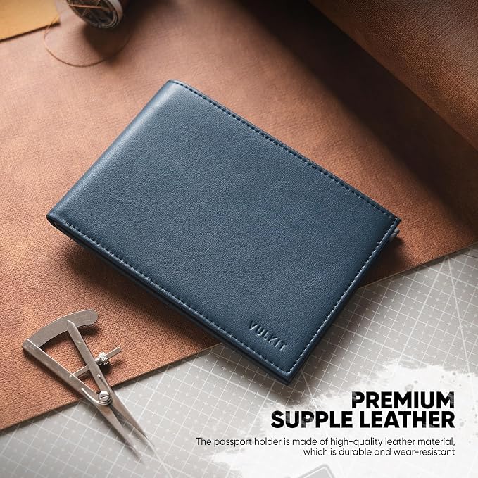 VULKIT Bilfold Passport Holder Leather RFID Blocking Passport Wallet with Hidden Pocket Slim Travel Documents Organizer for Men or Women (Passport, Card, Cash, Coin, SIM Card, Ticket)