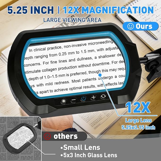 HITTI 12X Square Ultra Long Magnifying Glass with Light and Clamp | 3-Section Arm Hands-Free Lighted Stand, 5 Color Modes & Stepless Dimming LED Desk Lamp for Workbench, Modelling, Puzzle-Blue
