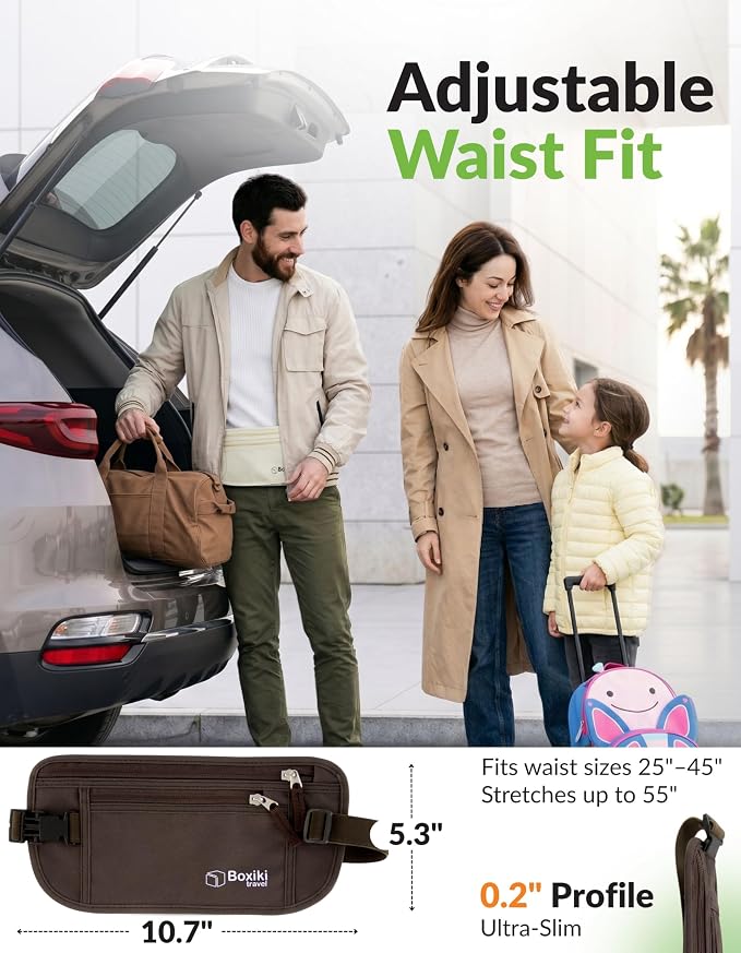 Money Belt for Travel with RFID Blocking Technology - Hidden Travel Money Pouch for Cash, Credit Cards, Passport, and Travel Valuables - Secure Water Resistant Money Belt for Men and Women (Brown)
