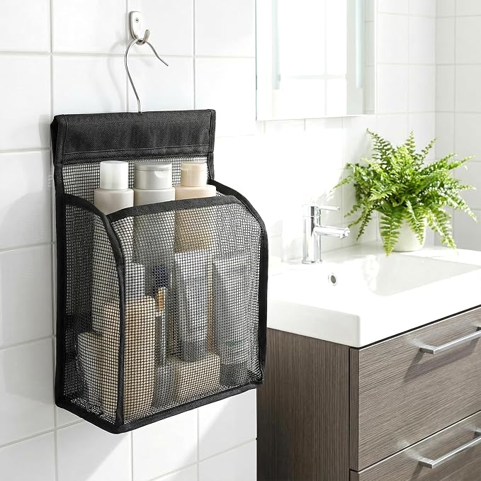 Mesh Shower Caddy Hanging, Black Organizer Bathroom Storage Bag with Hooks, Transparent Rotating Hanging Mesh Bath Baskets for College Dorm, Gym, Swimming, RV Travel, Elderly