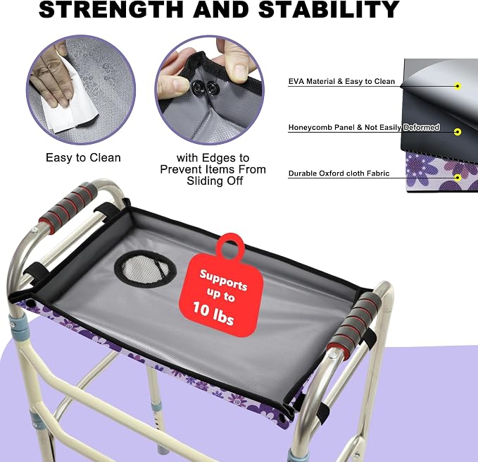 Walker Basket with Tray, Walker Tray for Folding Walker, Walker Accessories for Seniors, Non-Slip Surface, Universal Fit for Standard Walkers, Ideal for Meals, Drinks & Reading (Purple)