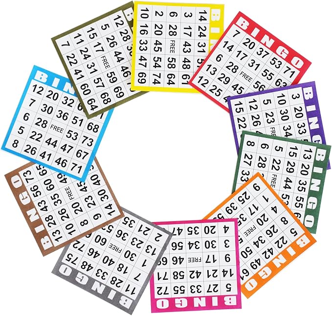 Yuanhe Bingo Game Cards Disposible – 1 Card 10 Sheets – 50 Books -10 Colors for Large Groups