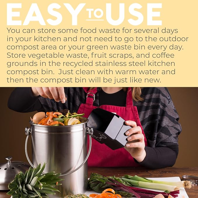 Epica Kitchen Compost Bin for Kicthen Countertops, 1.3 Galllon - Silver | Stainless Steel, Rust- Resistant, Resistant to Leaks, Replaceable Charcoal Filter for Odorless Composting
