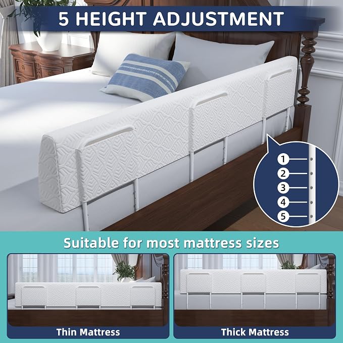 FigTime Bed Bumper for Toddlers, Foam Bed Rail for Toddlers, Toddler Bed Rail Bumper, Soft Safety Bed Guard Rail for Kids, Bed Side Rail for Twin, Full, Queen & King Beds (White, 59", 3-Bracket)