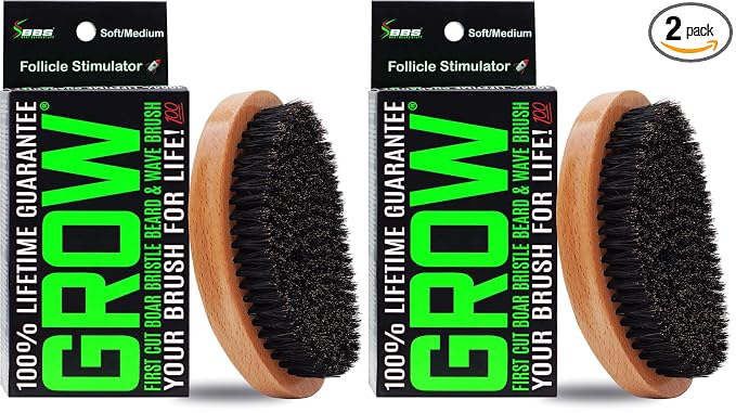 GROW Beard Brush & 360 Wave Brush for Men - Natural Boar Bristle For Fuller, Thicker Hair, Beard & Mustache - Premium Full-Size to Exfoliate, Strengthen Hair, Stimulate & Boost Growth (Pack of 2)