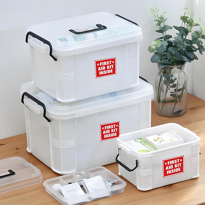 4PCS First Aid Sign Sticker, Self-Adhesive Waterproof First Aid Decals for First Aid Boxes, Emergency First Aid Kit Inside for Home, Car, Office, School, Factoryor Business 5.1''x3.9''