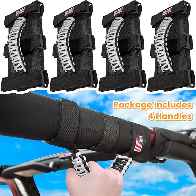 4 x Roll Bar Grab Handles Grip Handle for Jeep Wrangler JK JKU JL JLU TJ YJ Sport Sahara Freedom Rubicon Unlimited Gladiator JT 1955-2023 UTV ATV Premium Paracord Interior Accessories US Flag (Gray)