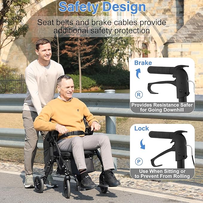 Rollator Walkers for Seniors with Seat, Walker Wheelchair Combo, 2 in 1 Rolling Walker Transport Wheelchair Lightweight Foldable, 10" Big Wheels Transport Chair with Brakes,Black