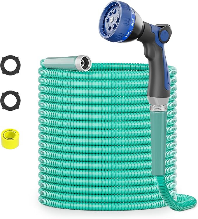 SPECILITE 75ft 304 Stainless Steel Metal Garden Hose with Nozzle (Aqua) | Puncture Resistant, Flexible, Never Kink & Tangle, Heavy Duty Water Pipe for Yard, Outdoor, Lawn