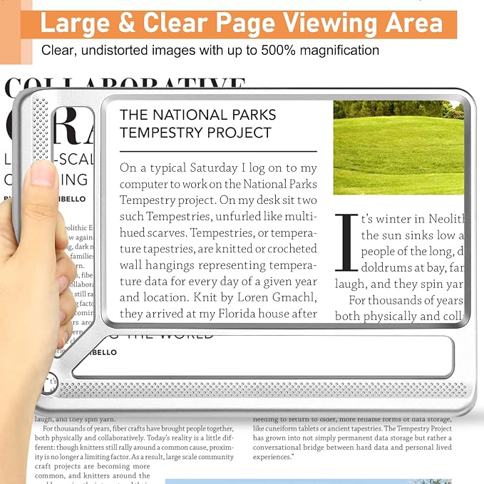 AKKYCVS 5X Full Page Magnifying Glass for Reading, Lightweight Rectangular Magnifier Provides Large Book Page Viewing Area, Handheld Magnifier for Reading Small Prints for Seniors, Low Vision-Silver