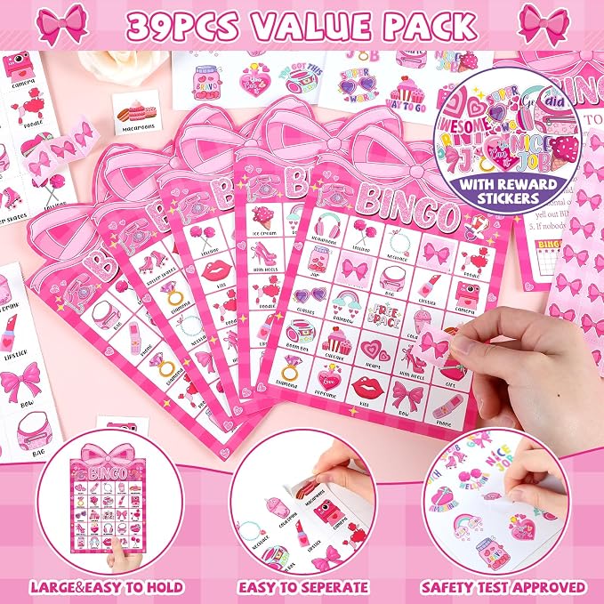 39 Pcs Pink Bow Party Bingo Game for Adults Kids 24 Players Pink Girls Party Bingo Game Cards with Reward Stickers for Family Friends Large Group Gathering Bachelorette Princess Doll Party Favors