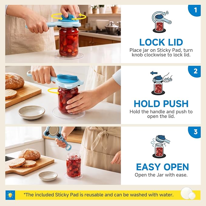 2026 Upgraded 4-in-1 Jar Opener - Adjustable Stainless Steel Lid Remover for Seniors & Arthritis Sufferers, Fits Kitchen Jars, Bottles & Cans Blue(2Pcs)