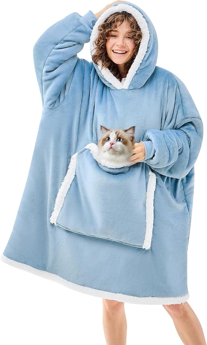 JOYWOO Wearable Blanket Hoodie,Oversized Cat Lovers Sweatshirt Blanket for Adult & Teens, Birthday Gifts for Women Men Mom Girl Boys,Cozy Sherpa Fuzzy Blanket Giant Pocket Gifts,Denim blue Small