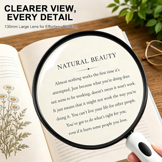 10X Large Magnifying Glass for Reading, Handheld Magnifier with 5.12-Inch Shatterproof Lens, Non-Slip Soft Handle for Seniors, Close Work, Books, Hobbies and Nature Exploration(White)