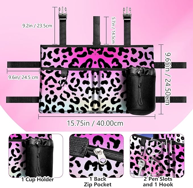 Rhino Valley Walker Bag, Multi Pockets Folding Walker Basket Tote Bag with Cup Holder, Hand-free Carry Pouch Storage Bag for Universal Walkers,Large Capacity Organizer for Seniors Elderly,Pink Leopard