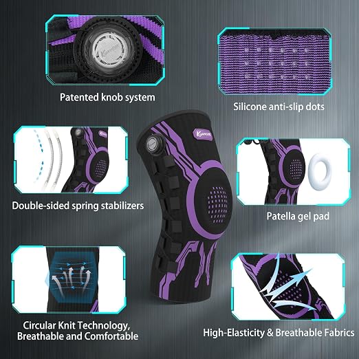 Kuangmi Knob Knee Brace for Pain Relief, Knee Support with Patella Gel Pad & Side Stabilizers, Compression Knee Sleeve for Workout, Arthritis, Joint Pain, Meniscus Tear (Purple Black,Right,X-Large,Single)