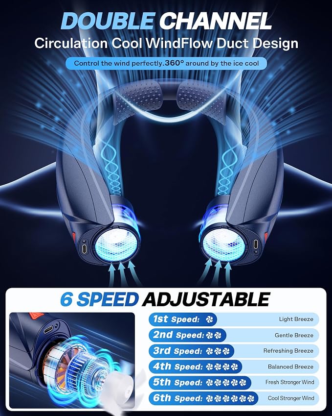 Laimiod Hand Free Portable Neck Fan with LED Book Light for Men & Women | Comfortable Silicone Made, 6-20 Hours Long Lasting, 6 Adjustable Speeds, Ultra Quiet Personal Neck Cooler for Indoor Outdoor
