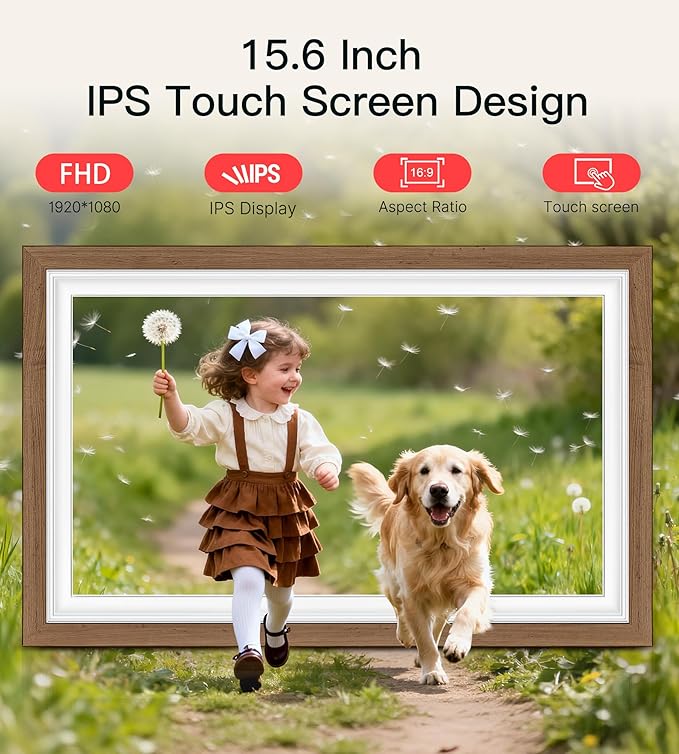 64GB Frameo 15.6" Digital Picture Frame Large 1920 x 1080 IPS FHD Touch Screen WiFi Electronic Photo Frames Share Moments Instantly Anywhere Best Gifts for Parents and Grandparents Solid Walnut